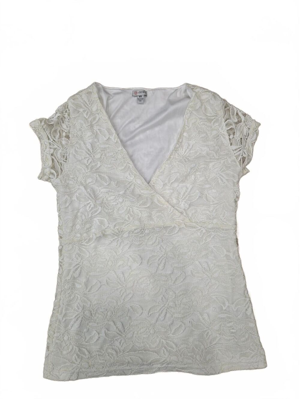 Guess 1981 White Floral Lace Short-Sleeve Lined Blouse Size M